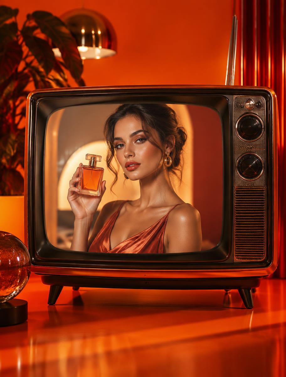 Television advertisement showing a model holding a fragrance bottle