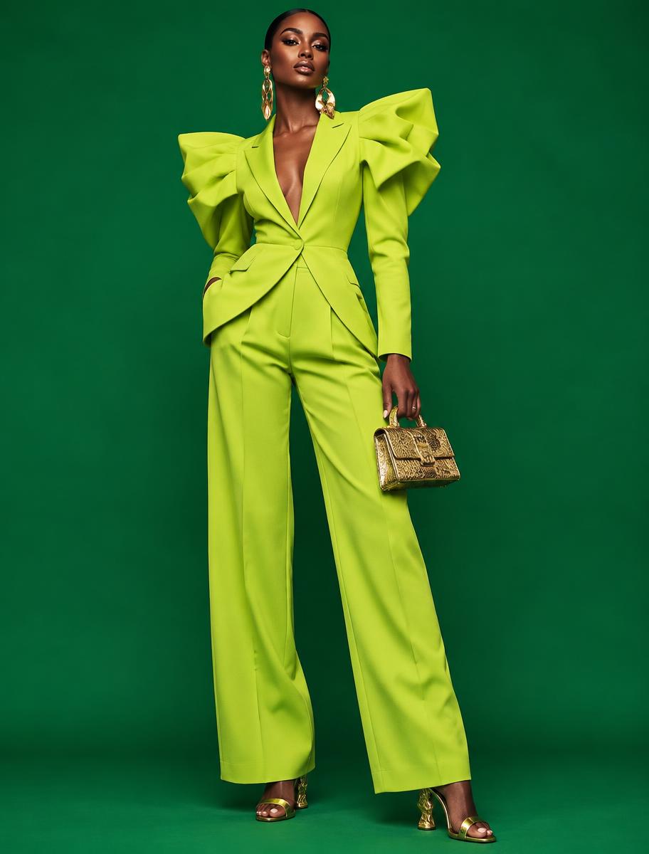 Full-length fashion model in a vivid lime couture suit against green