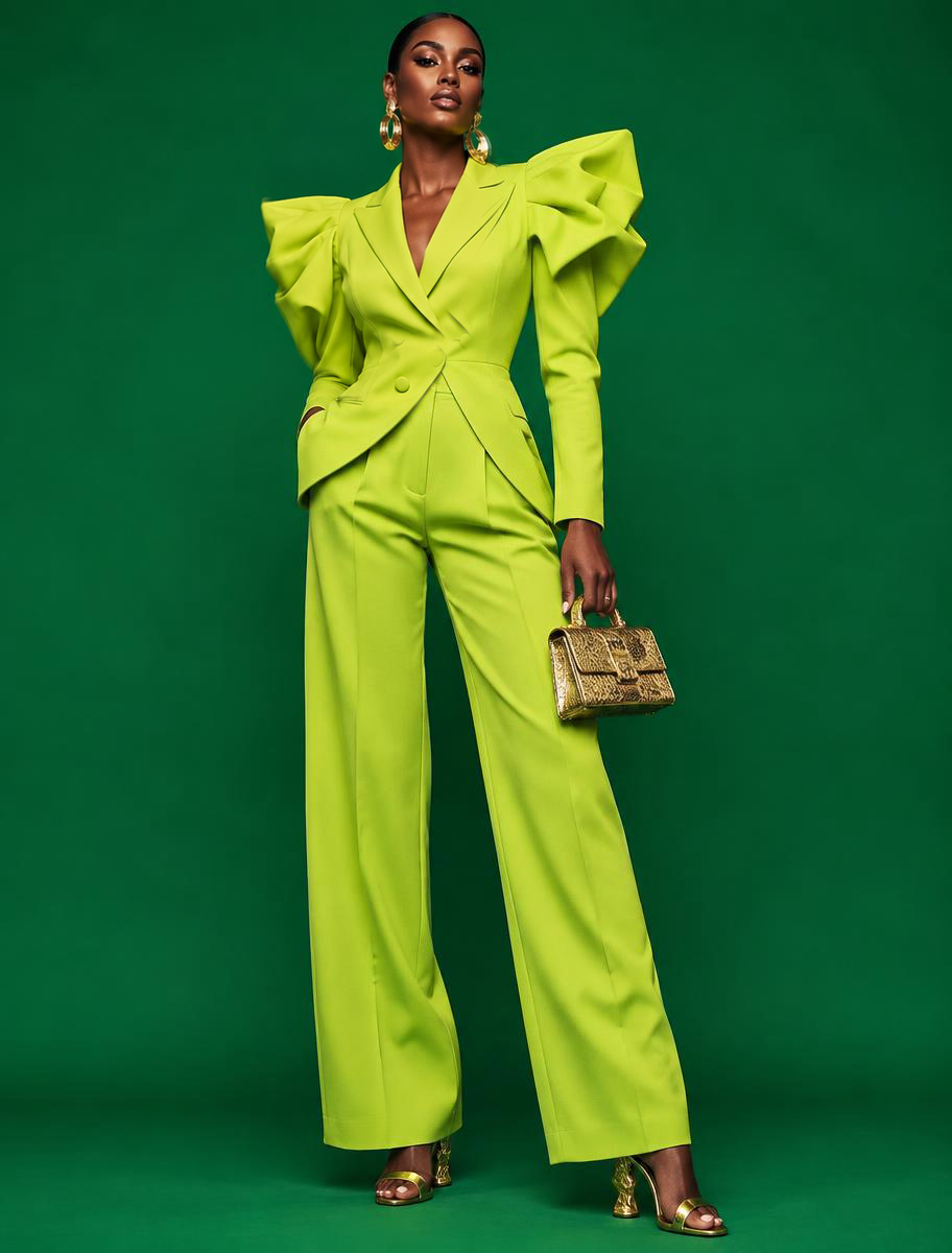 Full-length fashion model in a vivid lime couture suit against green